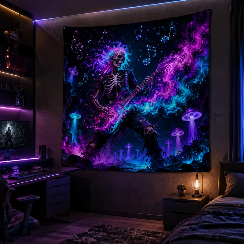 VIKAMA Neon DJ Skull Tapestry Dark Psychedelic Aesthetic Teen Boys Dorm Bedroom Gaming Room Apartment Wall Decor