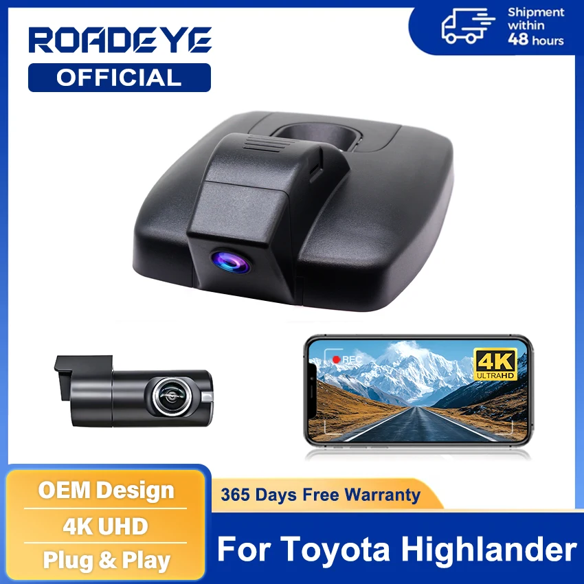

4K Plug and play WIfi Car DVR for Toyota Highlander XLE LE 2017-2020 2021 2022 2023 2024,Dual Lens With &APP Control 4K Dashcam