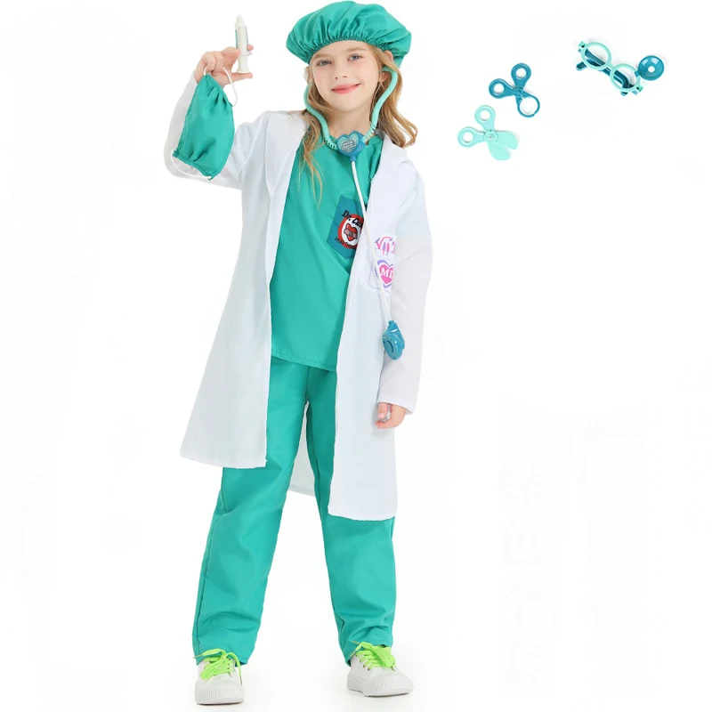 Purim Unisex Kids Female Doctor Nurse Veterinary Costume Surgeon Dr Uniform Cosplay Halloween Carnival Party Fancy Dress