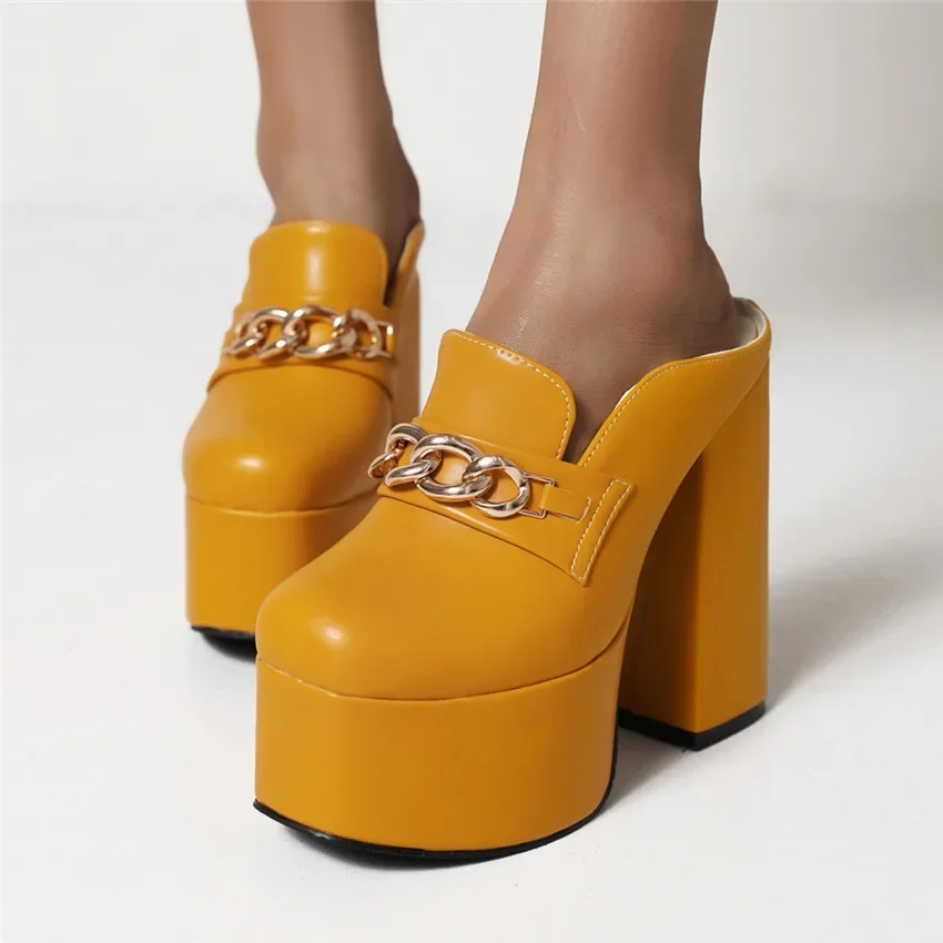 Summer Women Platform Sandals Black Yellow Patent Leather High Block Heels Mule Sexy Party Lady Buckle Strap Square Toe Slippers