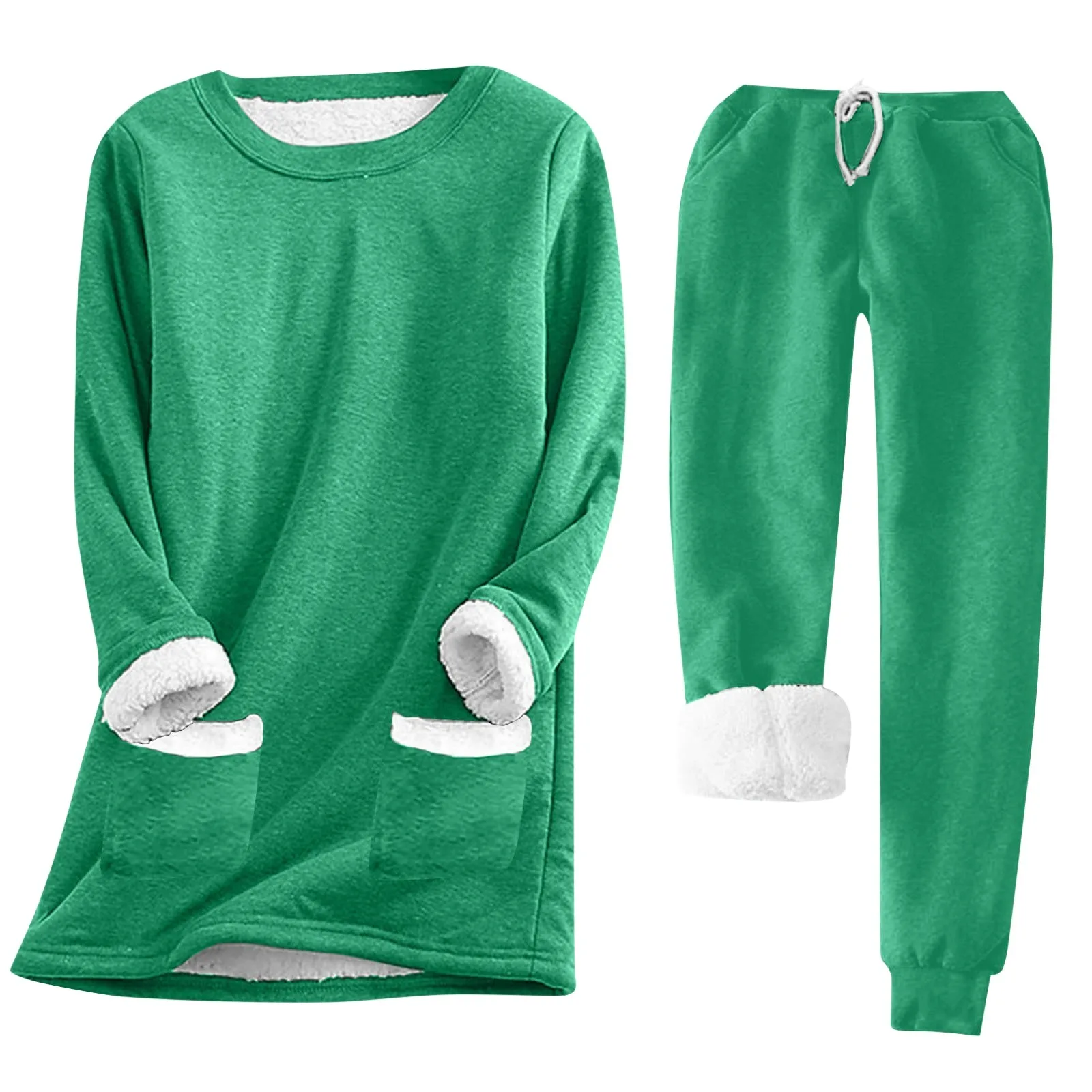 Damen Warm Plus Fleece Thermo-Unterwäscheanzug Einfarbig Homewear 2-teiliges Set Langarm O-Ausschnitt T-Shirts + Hosen Set Hosen