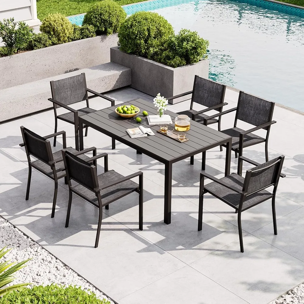

7-Piece Patio Table and Chairs Set for 6, All Weather Outdoor Dining Set with 6 Textilene Chairs and 1 Rectangular Metal Table