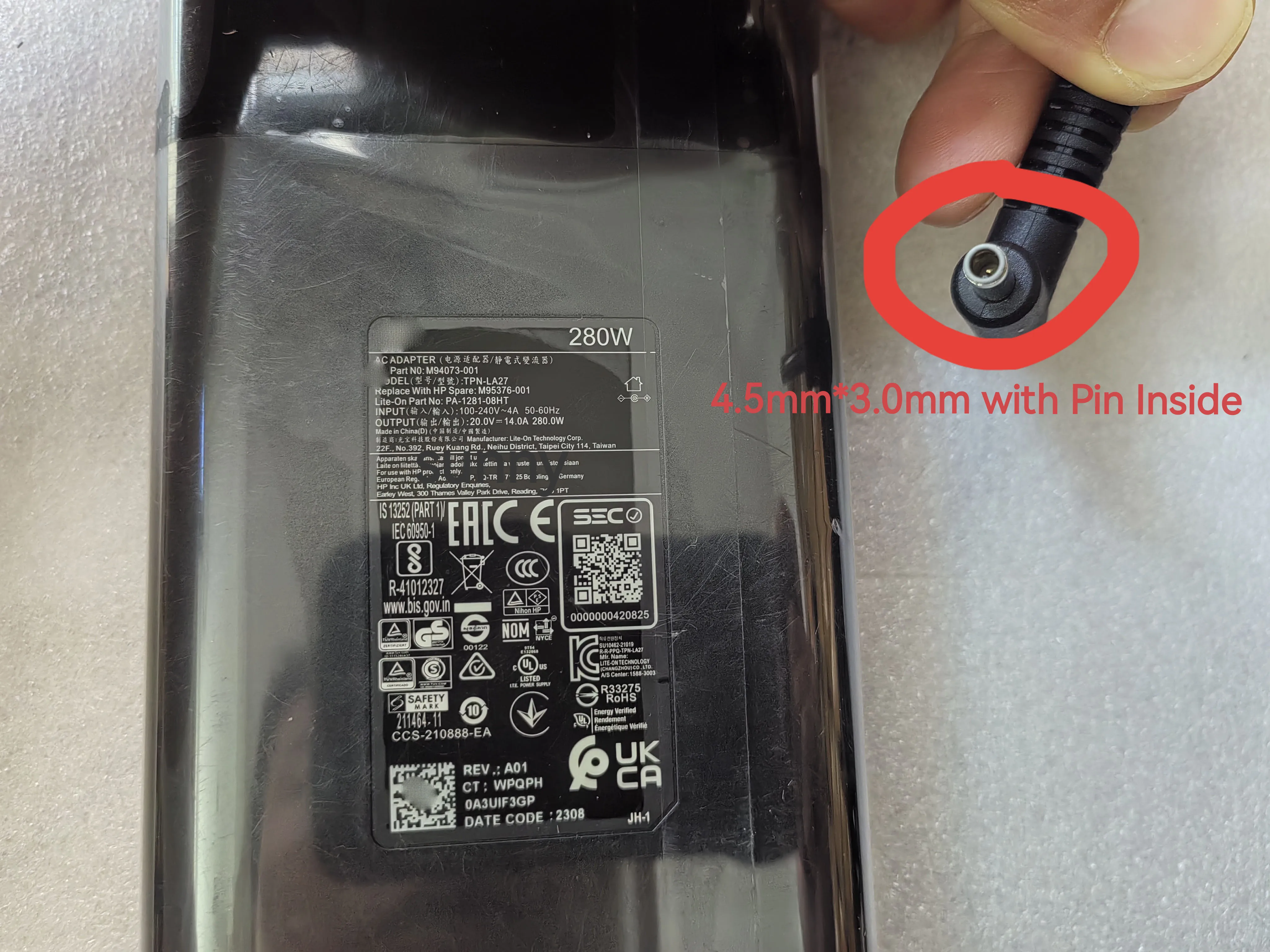 

Для HP OMEN 16-n0097ng 20 В 14 А M94073-001 TPN-LA27 M95376-001 PA-1281-08HT 211464-11 UK CA REV:A01 4,5 мм 280 Вт адаптер переменного тока OEM