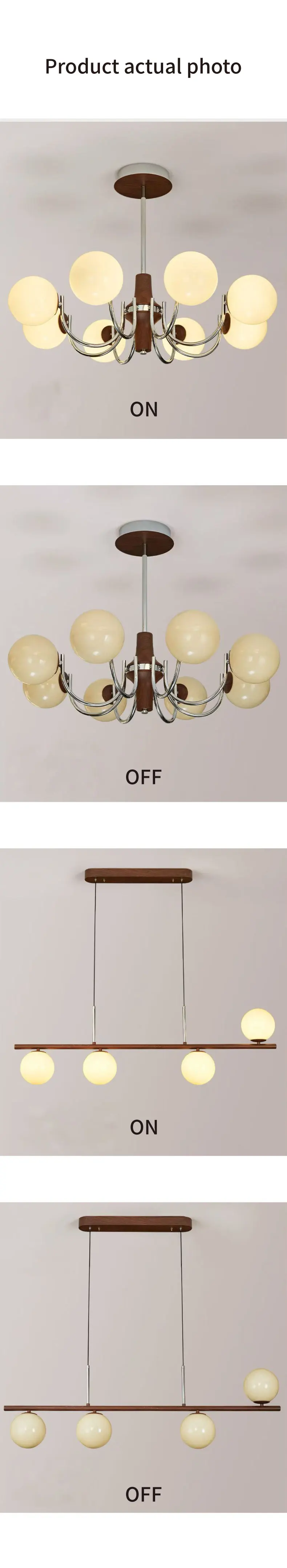 Glass Globe E27 Chandelier Living Room Wood Pendant