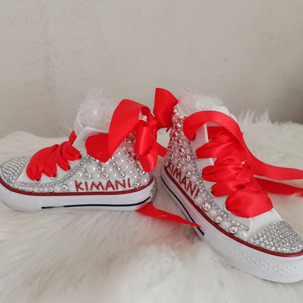 Christmas Handmade Name Custom Design Rhinestones Girls Womens Kids And Mother Canvas Shoes Pearls Sneakers For Birthday Party