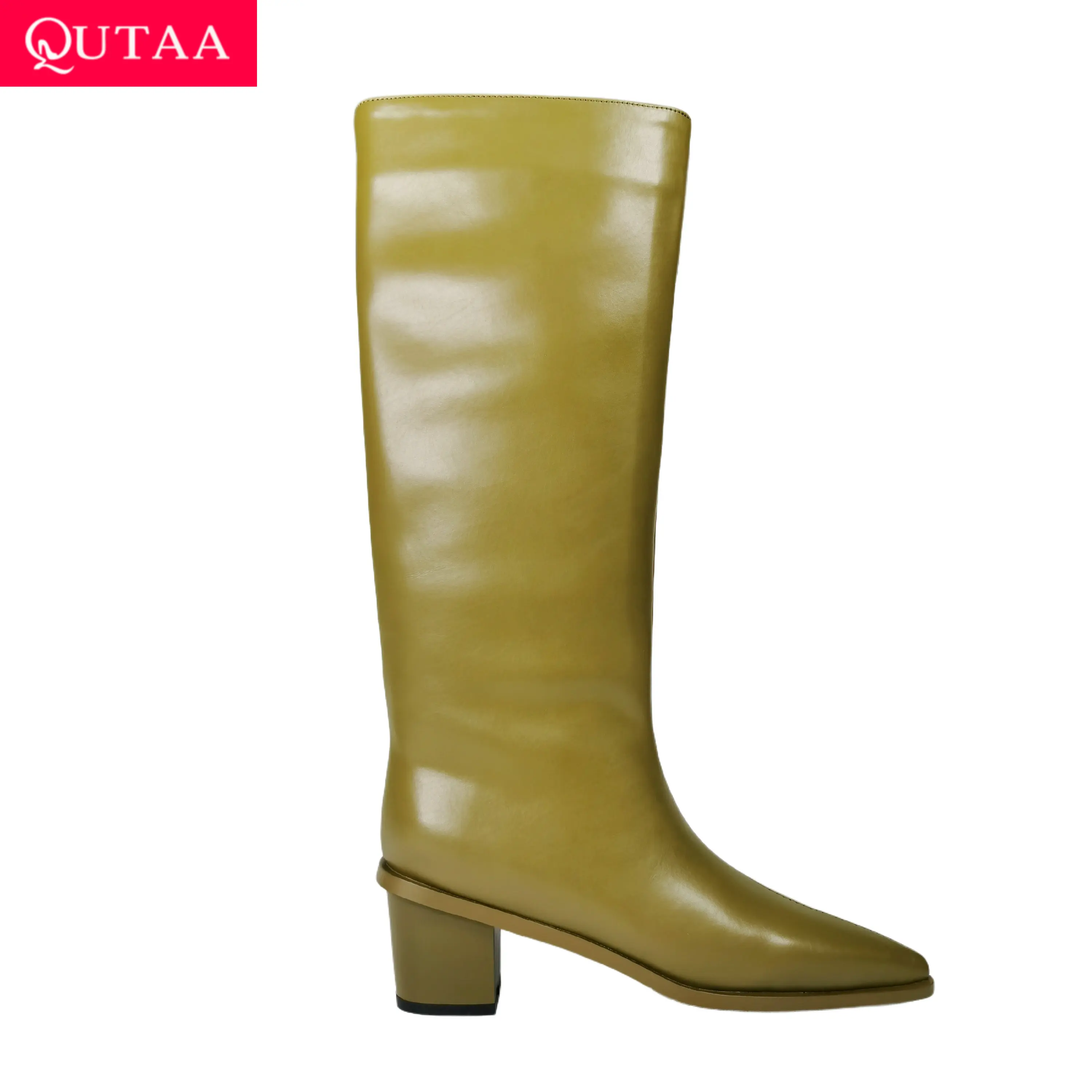 

QUTAA Fashion Winter Women Knee High Boots Pointed Toe Woman Shoes Chunky High Heel Genuine Leather Long Boots Green Size 34-43