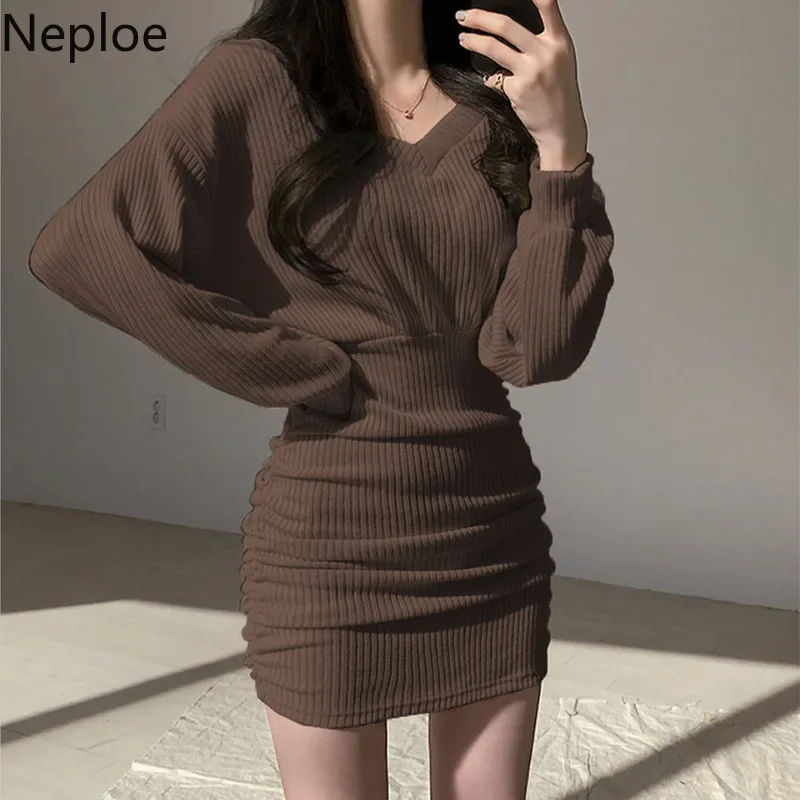 Neploe 2023 Korean Mini Dress Women Sexy V Neck Sweater Fashion Elegant Bodycon Dresses Long Sleeve Pleated Robe Knit Vestidos