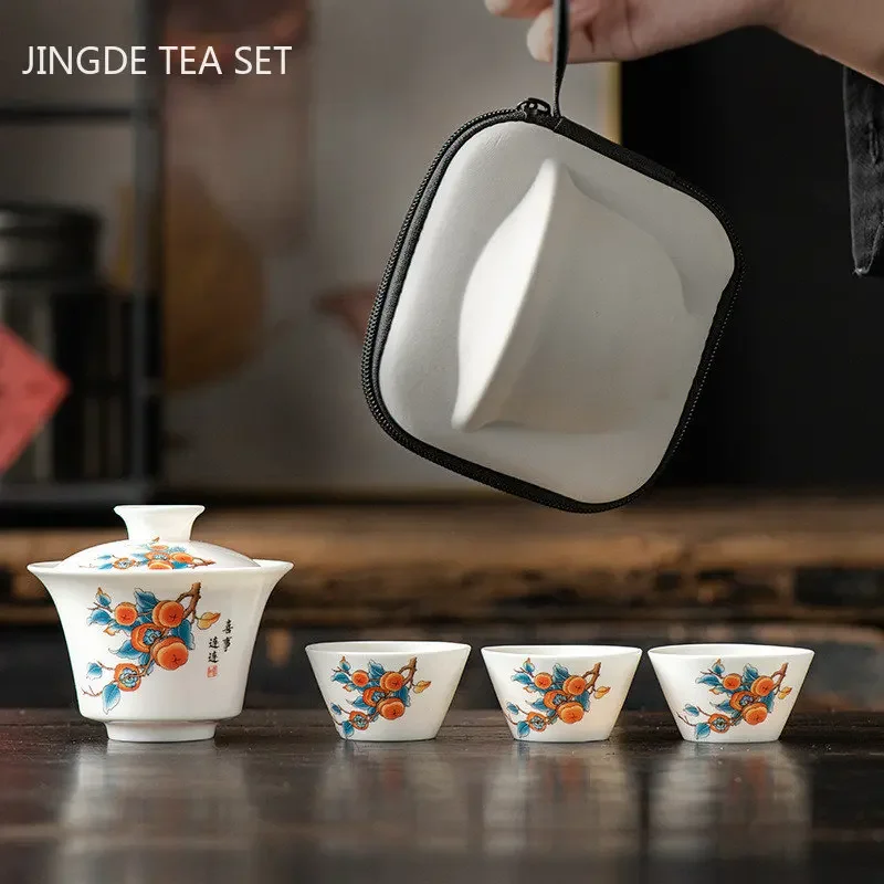 Porcelana portátil Travel Tea Set, requintado Cabra Gordura, Jade, Gaiwan, Copa, Suprimentos Teaware, portátil, ao ar livre, cerâmica