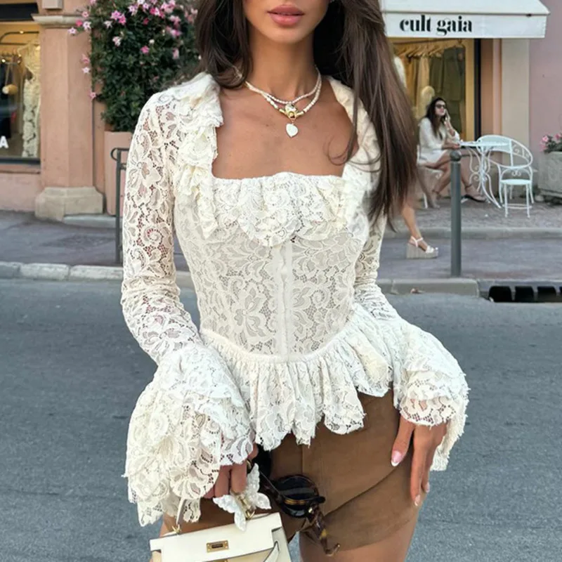 

Floral Lace Square Neck Front Hook Petal Sleeve Lace Short Top Women's Autumn Elegant Waist Slim Fit Versatile White Long Sleeve