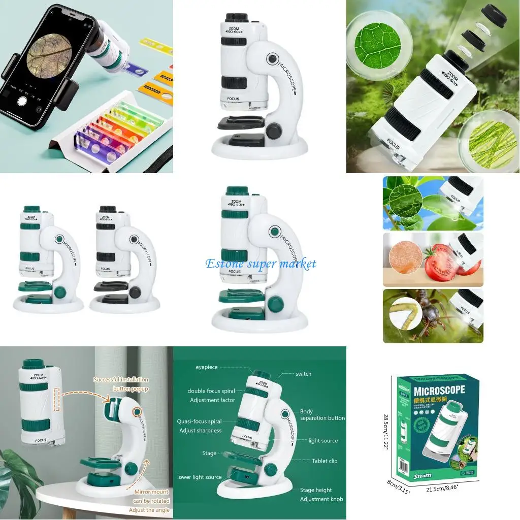 

090B Portable Microscope for Kids 8-12 60-180X Professional Microscope with LED Light Phone Adapter for Elementary Students