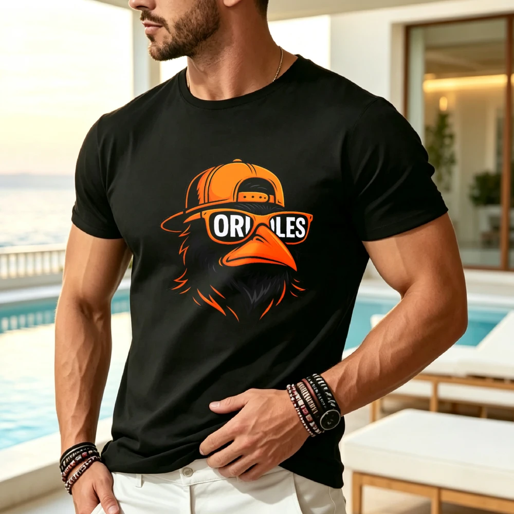 Bold Black T-Shirt with Colorful Oriole Bird Graphic Featuring Orange Glasses And Cap Stylish Present for Bird Lovers And Graphic Tee EnthusiastsPng