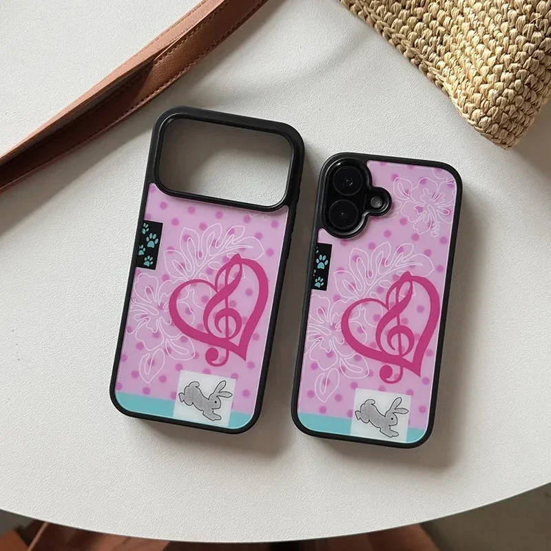 Funda para Teléfono con Diseño de Conejito Rosa, Notas Musicales y Amor para iPhone 17 AIR 16 15 14 13 12 11 PRO MAX PLUS