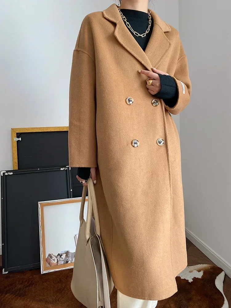 

Women Solid Oversize Hand-sewed Double-sided Wool Coat Fashion Lapel Long Sleeve Warm Wool Jacket Fit Autumn Winter Outerwear