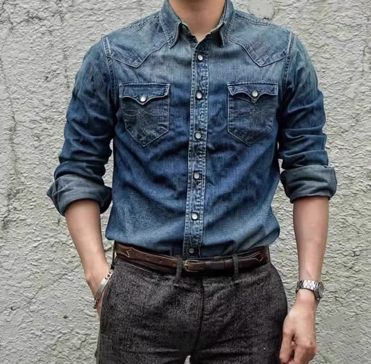 

Мужская классическая джинсовая рубашка FDMTD Heavyweight из выстиранного денима, стандартный крой, модная городская одежда, износостойкая, с длинным рукавом, однотонная