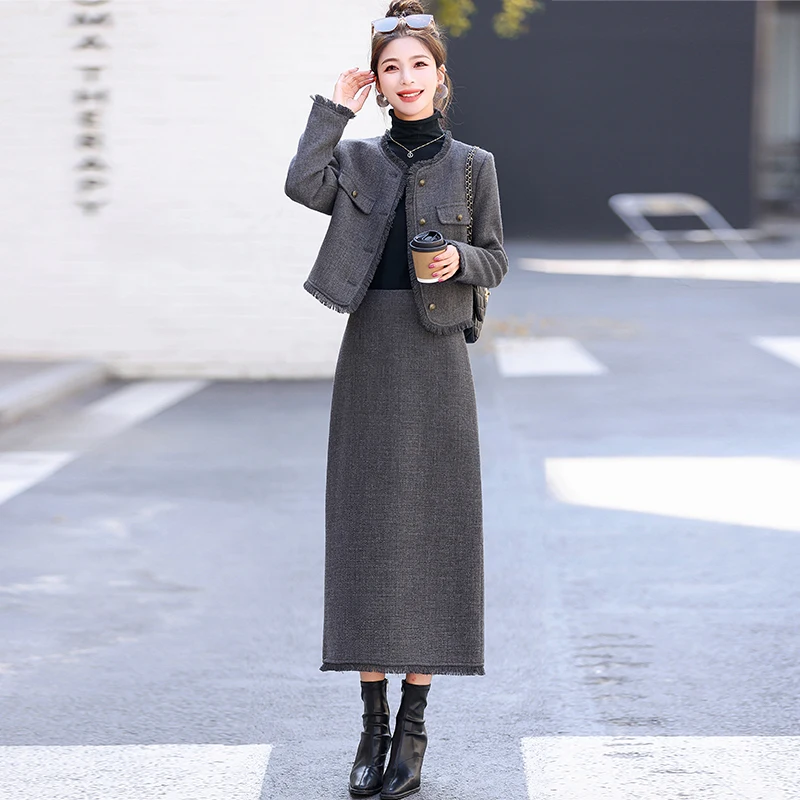 Stylish Youthful Classic Style Suit Dress Autumn/Winter New High-End Wool Jacket and Skirt Full Set for Women Female Office Lady