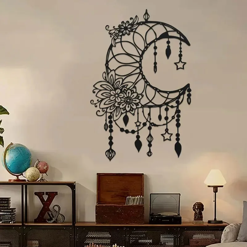 1PC Metal Elegant Gothic Moon & Flower Wall Art - Modern Craft Sign Hanging Ornament for Home, 1pc