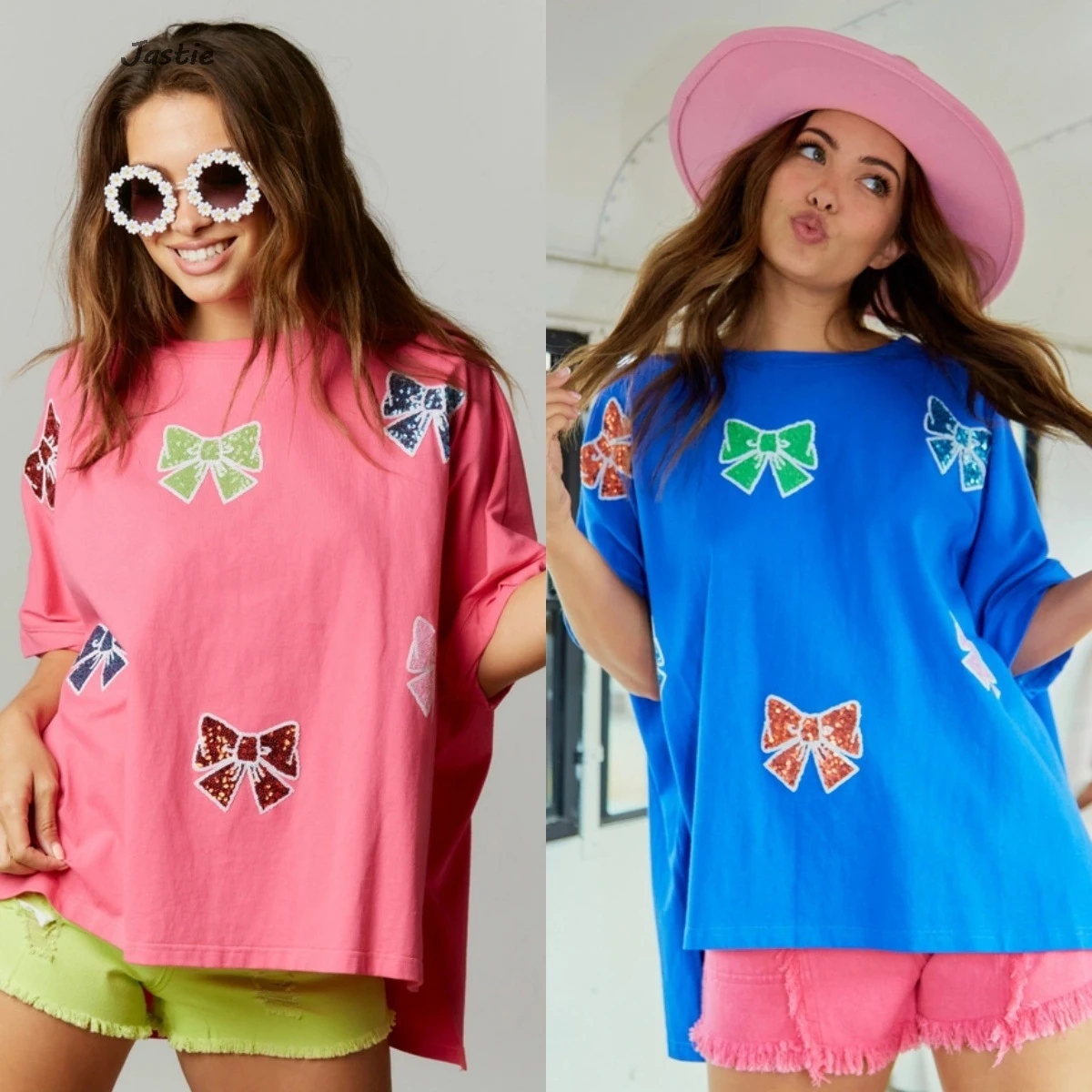 

2024 Spring And Summer New Women's T-shirt Bow Sequin Top Casual Loose T-shirt For Women Pullover Tops