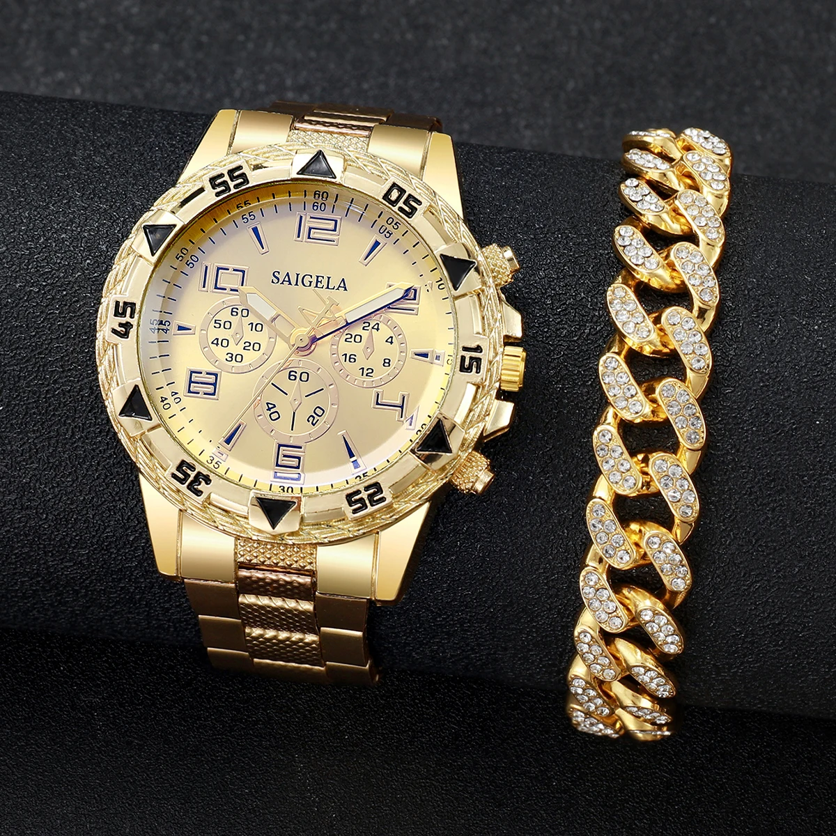 2pcs/set Men Business Watches Fashion Arabic Dial Male's Quartz Watch Luxury Rhinestone Hip Pop Bracelet Set (Without Box）