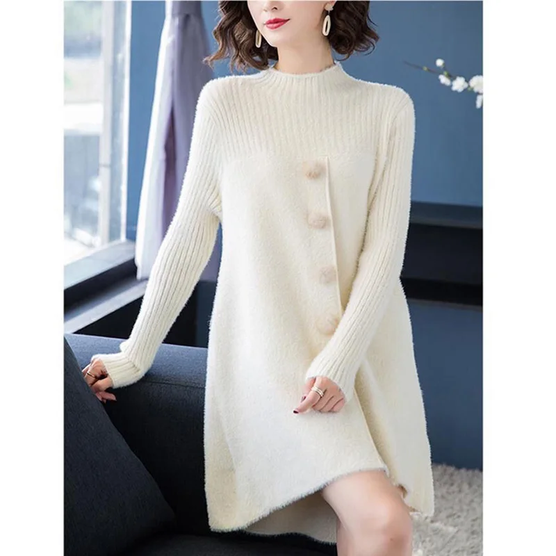 Fashion Half High Collar Knitted Spliced Casual Sweaters Female Clothing 2023 Autumn New Korean Pullovers Loose Commute Tops