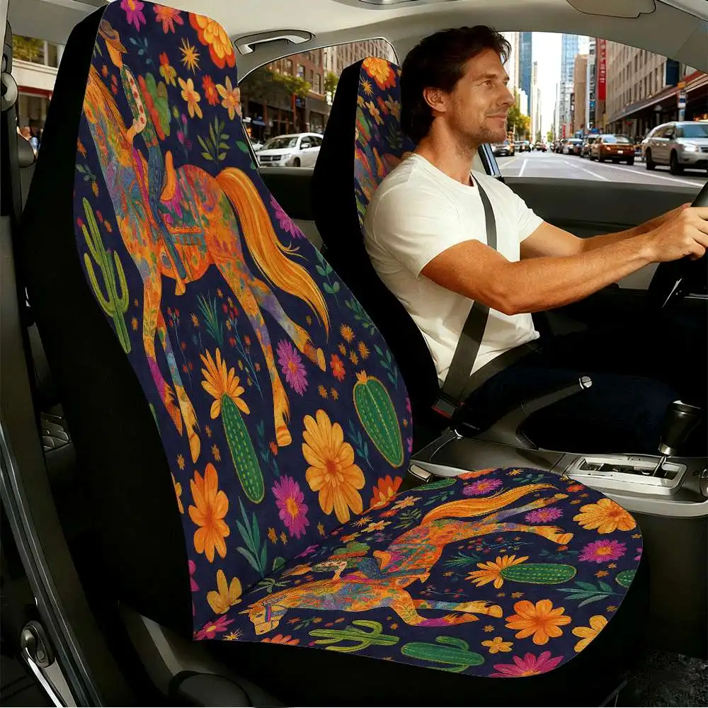 2pcs Colorful Cowboy And Horse Floral Car Seat Covers | High Back Design, Polyester Material, Universal Fit For Cars, SUVs, And