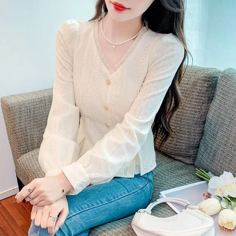 Autumn Long Sleeve Pullover Blouse V-neck Patchwork Ruffles Button Slim Fit Solid Colors Folds Fashion Casual Women\'s Shirts