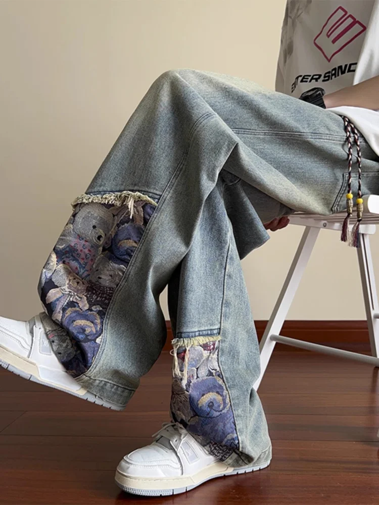 

Мужские расклешенные джинсы в стиле ретро, новинка 2025 года, модные повседневные брюки с вышивкой в стиле High Street National Sle Bear