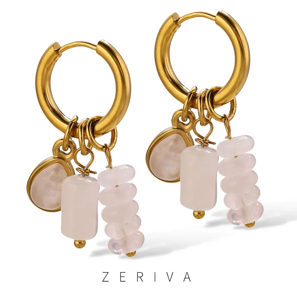 

ZERIVA Stainless Steel Gold Plated Hoop Earrings for Women Boho Green Natural Stone Charm Earring Trendy Waterproof Jewelry Gift