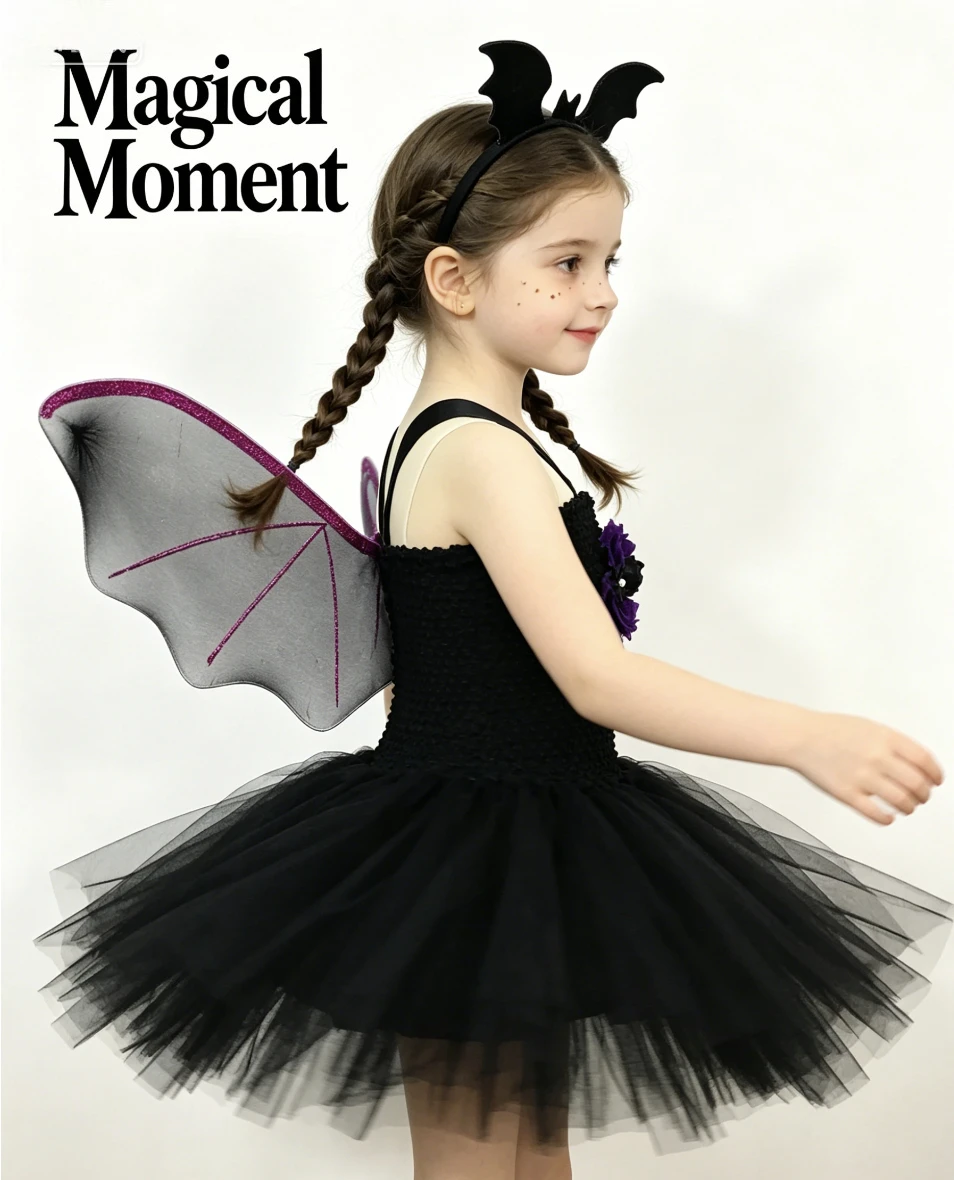Mädchen Fledermaus-Tüll-Tutu-Kleid mit Flügeln und Kopfschmuck Halloween-Maskerade-Set Schul-Rollenspiel-Outfit Bühnen-Themenparty-Kleidung Feiertagsoutfit
