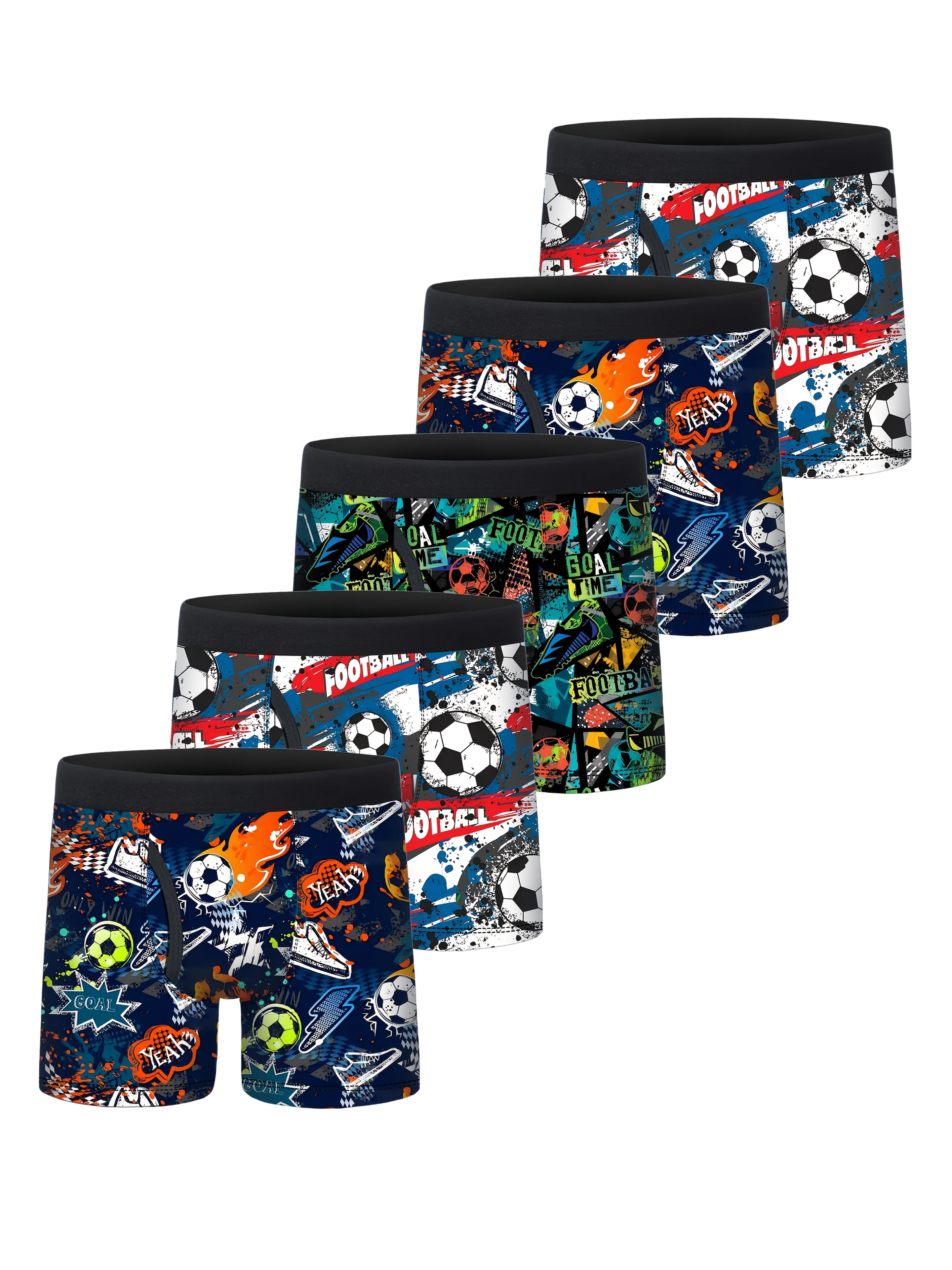 5-Pack Boys' Quick-Dry Super Stretch Sports Boxer Briefs with Open Fly Breathable Full-Body Soccer Print Underwear 95% Polyester