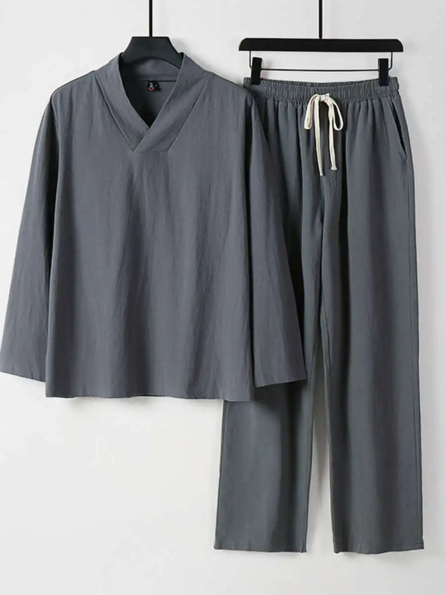 

Loose Cotton Linen Set for Men Spring Summer Autumn Tunic Top And Long Pants Two Piece Set Large Size Hanfu Traditional Chine...