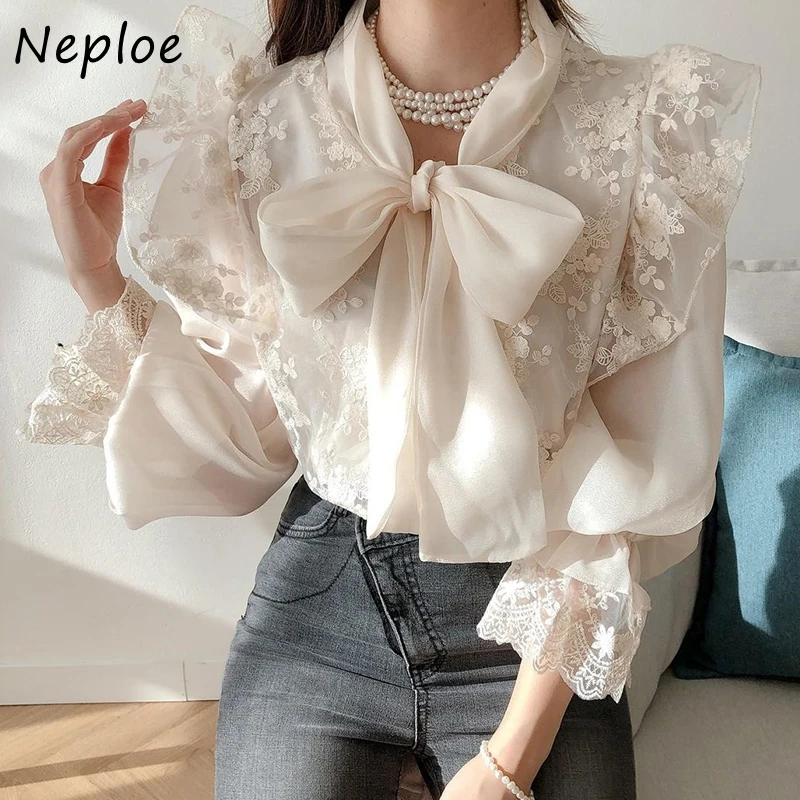 Neploe Chic Spring 2024 New Bow Tie Woman Blouse Embroidered Lace Crochet Loose Camisas De Mujer Flare Sleeve Shirt Tops Women