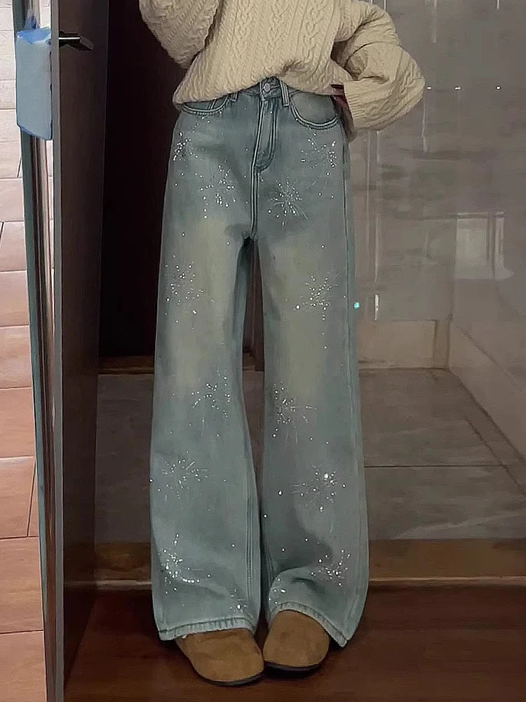

American High Street Sle Flared Denim Jeans Women's Early Spring New Design Sparkling Rhinestone Patchwork Floor-Length Pants