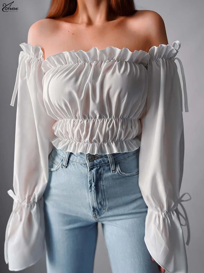Oymimi Casual White Strapless Women's Blouse Fashion Ruffled Long Sleeve Lace-Up Blouses Elegant Pleated Crop Tops Streetwear