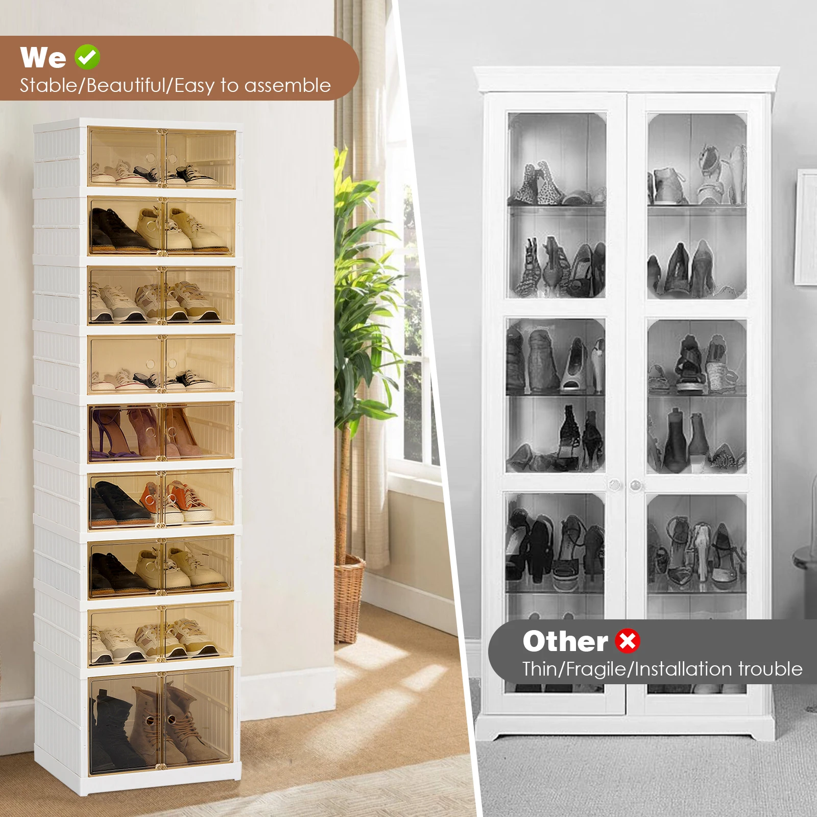 9 Tier 36 Pairs Shoe Organizer Cabinet Stackable Sneaker Storage Boxes, Foldable Shoes Storage Box with Doors Plastic Storage