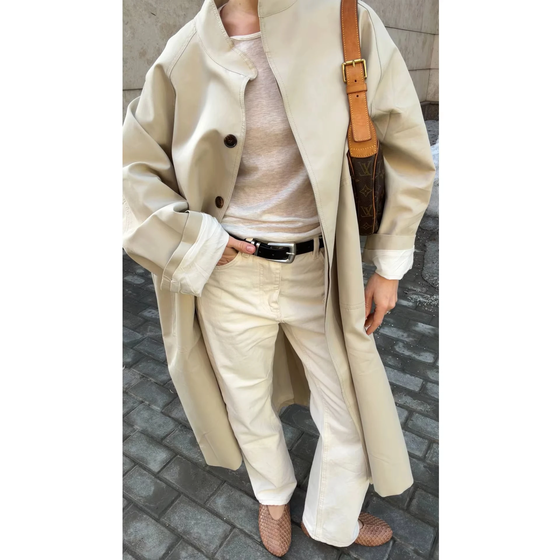 Stand Neck Long Trench Coat Women Spring Casual Turn-down Collar Single-breasted Trench Coat view 4