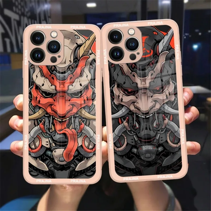 Oni Hannya Samurai Demon Mask Phone Case Pink Green Glass For IPhone 13 14 12 11 Pro XS Max Plus Mini X XR 8 7 6s SE2020