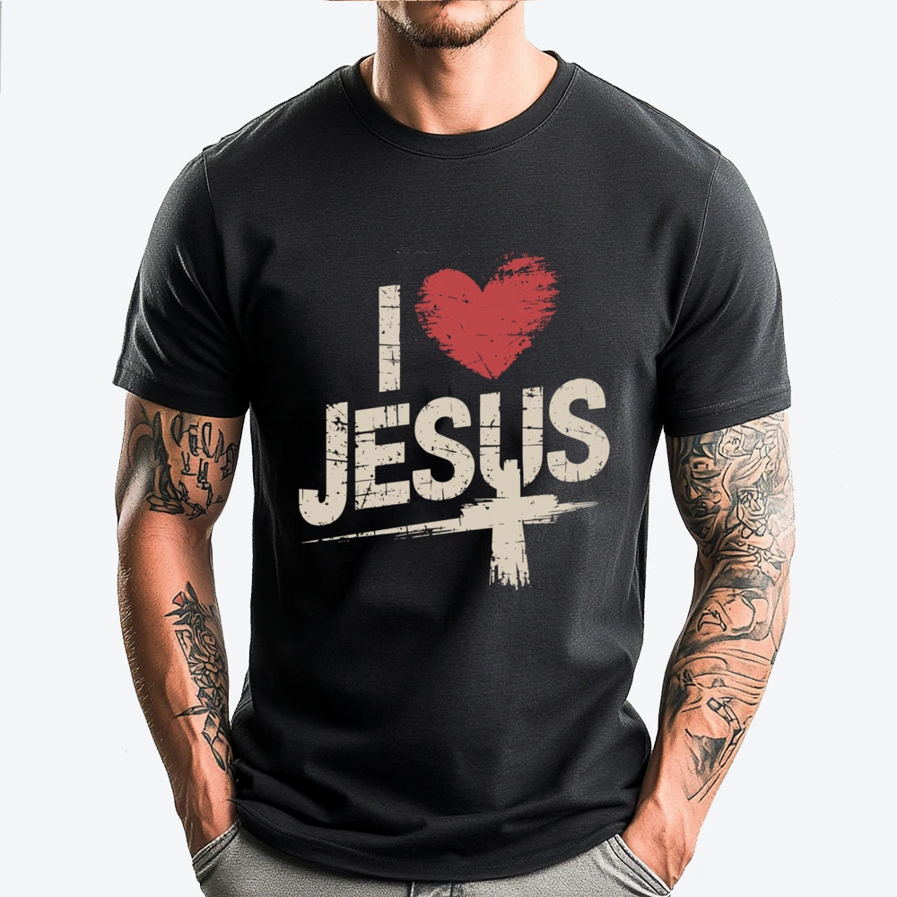 

I Love Jesus Christian Faith Design For Believers Graphic T Shirts Men Cotton Funny Camiseta Slogan Loose
