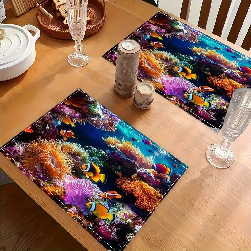 1PC Underwater World Placemats - 2D Printed Coral Reef & Fish Design, Durable Linen Table Mats