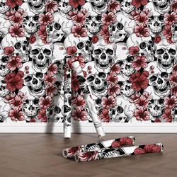 Europea PVC Waterproof Wallpaper Home Decoration Peal And Stick Red Flower Self Adhesive Durable Skull Wallpaper For Night Club