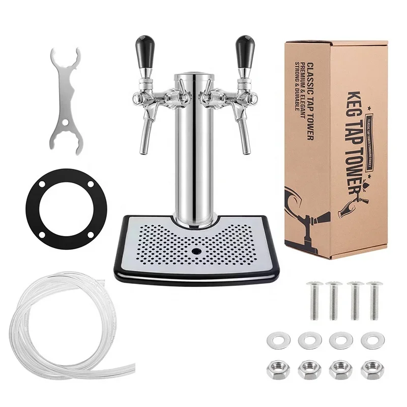 Double Beer Faucet Kegerator Tower with Beer Drip Tray, 3 Diameter. Stainless Steel Column Beer Dispenser with Hose,