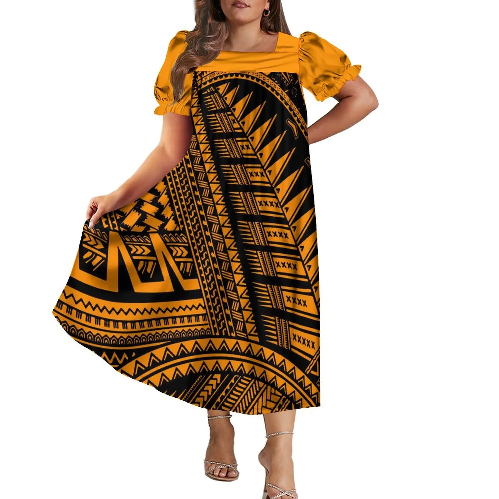 Polynesian Island Style Mumu Women\'S Short Sleeve Dress Summer Resort Island Style Features National Clothing Fashion Long Dress