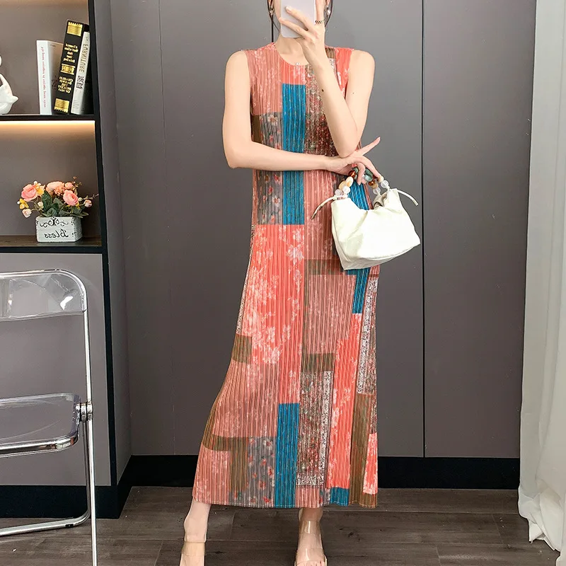 

Miyake 2025 Summer Sleeveless Vest Skirt Pleated Dress Skinny Printed Knee Long Dress Pleated Straight Skirt Bottom Skirt