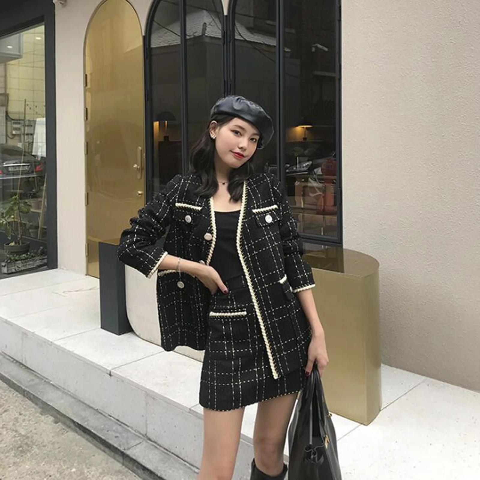 Small Fragrant Wind Black Plaid Tweed Two Piece Set Spring and Autumn Women's Outfit Long Sleeved Jacket Coat+Mini Skirt Suit