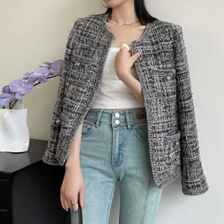 Spring Autumn French Small Fragrance Women Coat Fashion Long Sleeve Tweed O Neck Lace Dark Buckle Female High Quality Chic Coat
