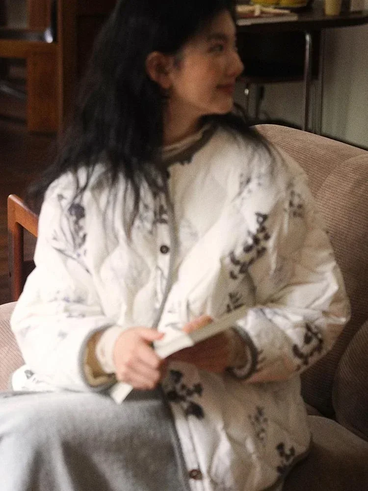 Vintage Floral Quilted Jacket Women's O Neck Single Breasted Diamond Plaid Loose Warm Outwear Fashion Long Sleeve Coat Top 2025