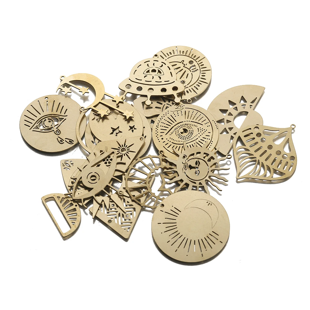 6Pcs Raw Brass Turkish Eye Celestial Sun Moon Phase Charms Pendant For Diy Mystical Gypsy Earrings Necklace Lunar Jewelry Making