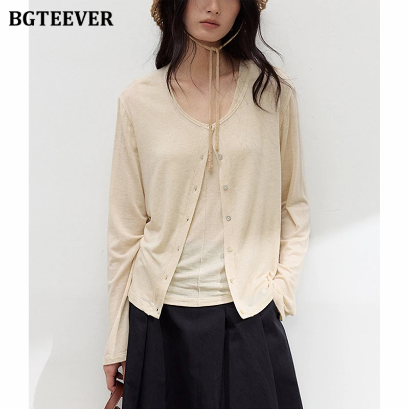 

BGTEEVER Women's Acetate Linen Cardigan Silk Lightweight Buttoned Striped Top Spring Summer
