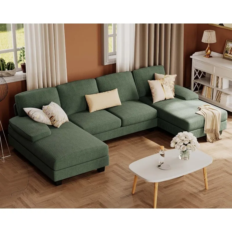 Sectional Couches for Living Room, U-Shaped Sofa Couch with Linen Fabric, 4 Seat Set Double Chaise Apartment