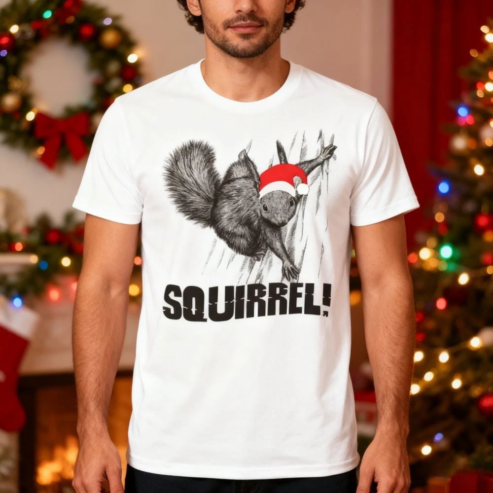 Funny Christmas Squirrel TShirt Men Women Fashion Holiday Crewneck Cotton Tee Tops Cool Gift for Mens Xmas Casual Holiday Shirt