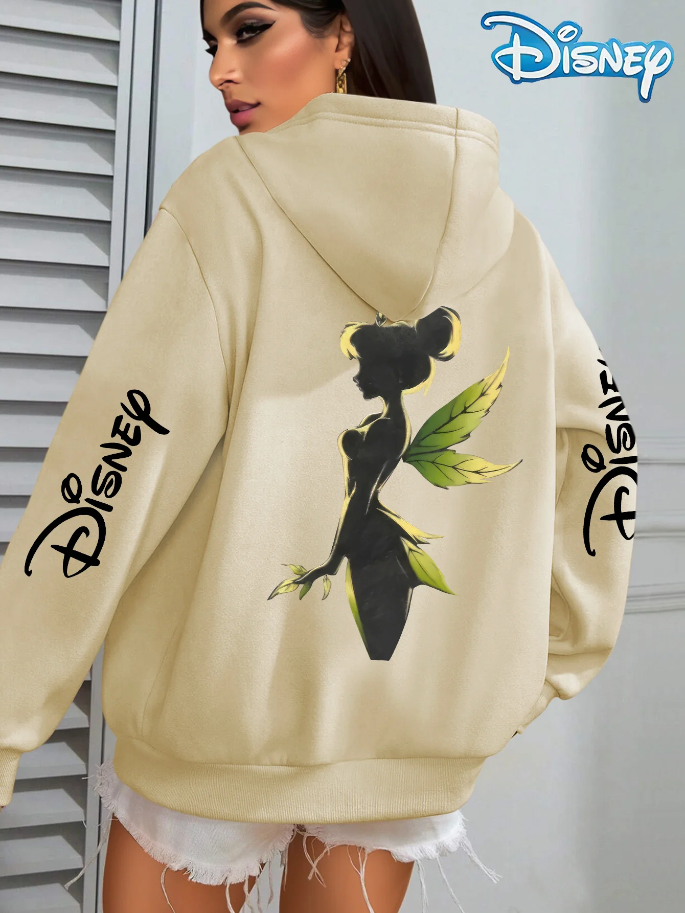 レディース ディズニー ティンカーベル柄 秋冬 フリース フード付きスウェットシャツ ユニセックス ストリートウェア オーバーサイズ ルーズ カジュアル